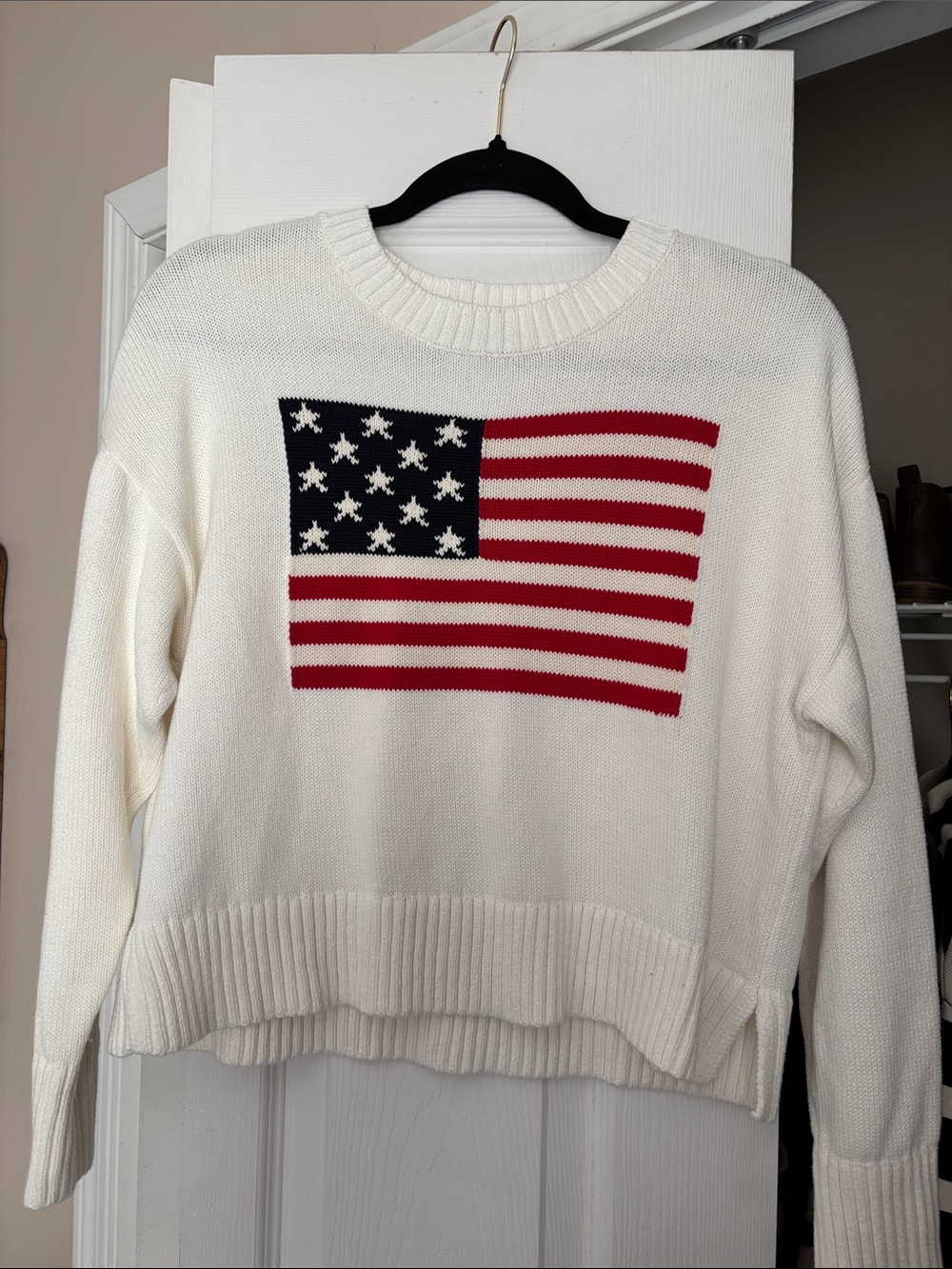 Old Navy 100% Cotton White Crewneck Sweater with American Flag